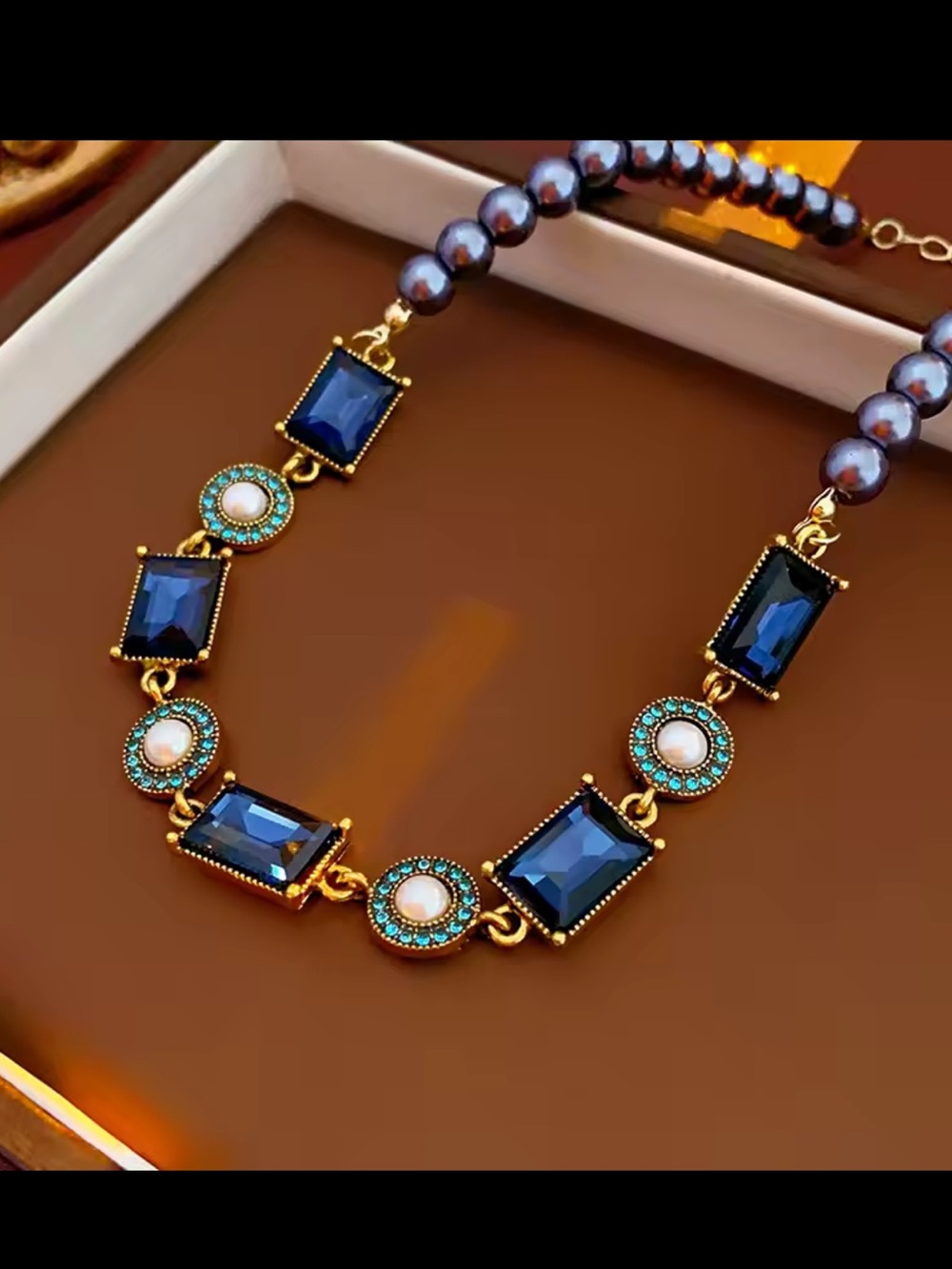Blue Crystal Pearl Necklace & Earring Set - Picture 8 of 14